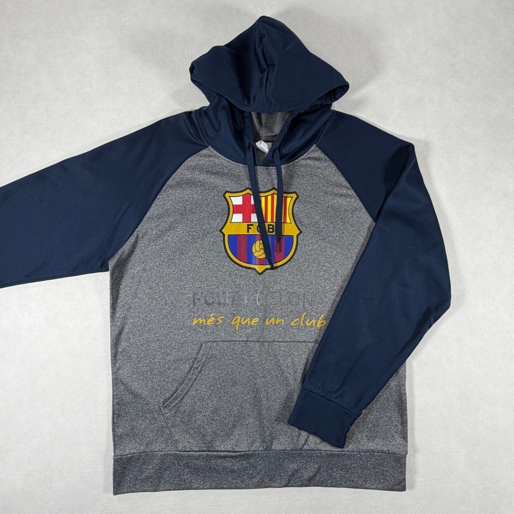 FC Barcelona Mens Large Hoodie Navy Gray Raglan Pullover Official FCB Soccer